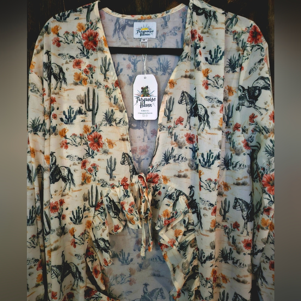 NWT Turquoise Haven FLORAL COWBOY RUFFLE KIMONO DUSTER Small - Large - Picture 5 of 5